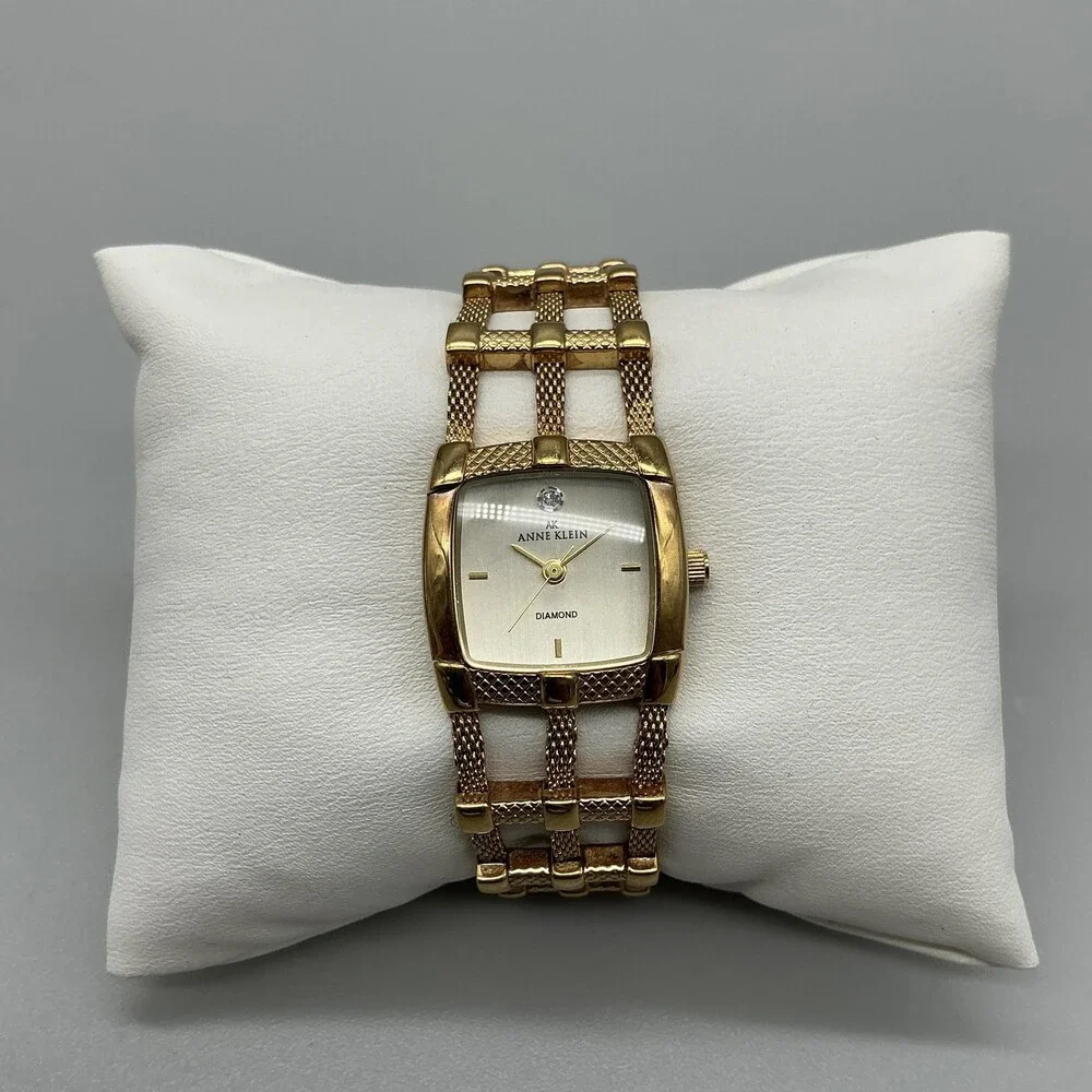 Anne Klein Diamond Womens Watch 21mm Champagne Dial Gold Tone New Battery 6.75